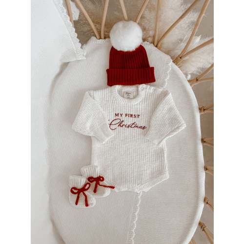 'My First Christmas' Chunky Knit Romper, Beanie & Booties Classic Bundle