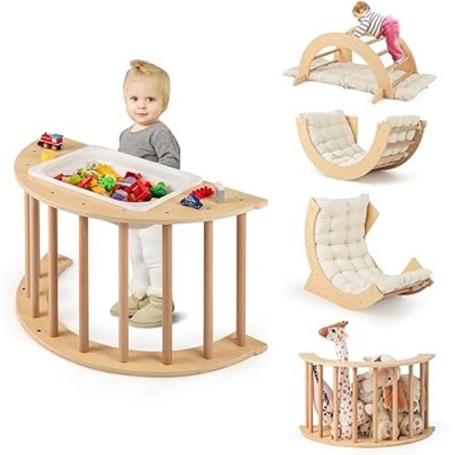 HONEY JOY Wooden Arch Climber with Cushion, Montessori Sensory Table for Kids w/Foldable Storage Bin, Baby Rocker Ladder Play Gym, Toddler Climbing Toys Indoor, Learning Gift for Kids 1-8 (Natural)