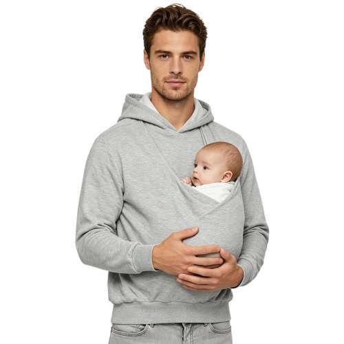Aiihoo Men Dad And Baby Carrier Kangaroo Hoodie Front Large Pocket Hooded Sweatshirt Pullover Top for Outing Travel Cycling Sports Grey XXL
