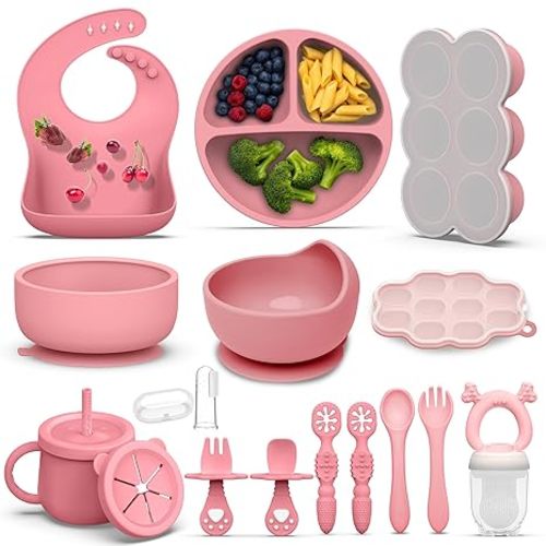16 Pack Silicone Baby Feeding Set, BPA-Free Baby LED Weaning Supplies, Include Suction Plates, Baby Bowls, Silicone Fork & Spoon, and More, First Stage Baby Food Eating Utensils - 6+ Months(Pink, 16)