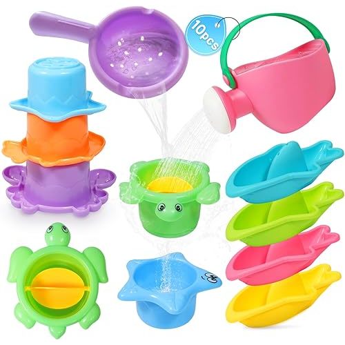 10PCS Baby Bath Toys for Kids Ages 1-3 – Easy-to-Clean Bathtub & Pool Water Toys for Toddlers 1-3 and Babies 12-18 Months, with Floating Boats, Stacking Cups and Pouring Fun