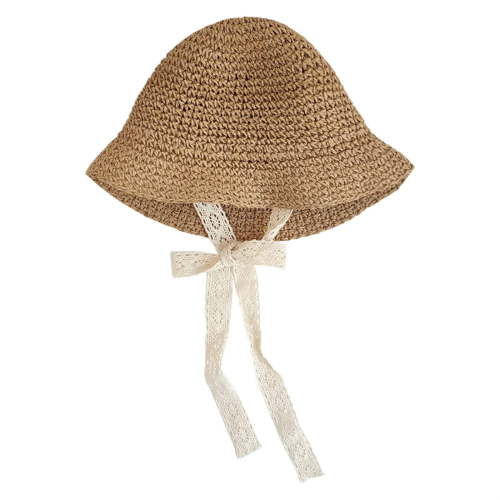 Straw Sun Hat for Kids and Adults with Adjustable Chin Strap, Matching Family Hats, Wide Brim Foldable Beach Hat with Lace Trim, Breathable Summer Sun Protection Hat for Women and Children Khaki