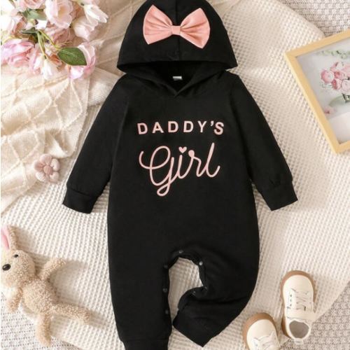 Baby Girls' Minimalist Comfortable Spring/Autumn New Letter Print Hooded Bow Decor Long Sleeve Jumpsuit | SHEIN USA