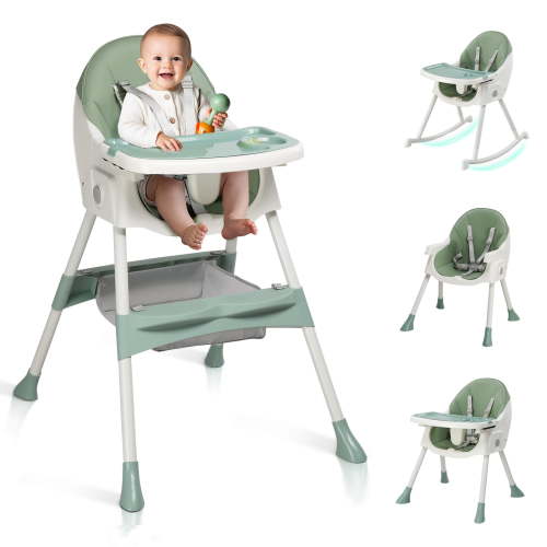 Ktaxon Baby High Chair, Convertible 6 in 1 High Chairs for Babies and Toddlers, Foldable Baby Highchair with 5-Point Safety Harness, Adjustable Dining Tray, Backrest & Height, Green