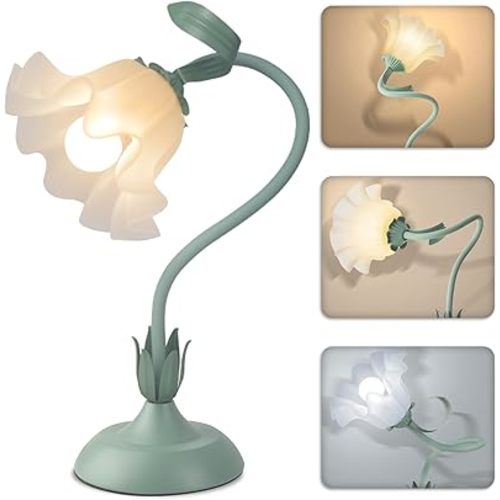 Women Bedside Table Lamps for Bedroom, Cute Flower Desk Lamp With Adjustable Flexible Gooseneck, 3 Color Temperatures Nightstand Lamp with E26 LED Bulbs, Floral Lamp for Living Room, Office ,Reading
