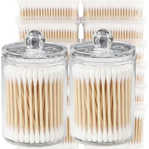 RIKWOG Cotton Swabs, 1200 Count Bamboo Sticks Cotton Swabs with 2 Clear Container Cotton Buds with Wooden Handles For Ears Makeup or Nails Personal Care