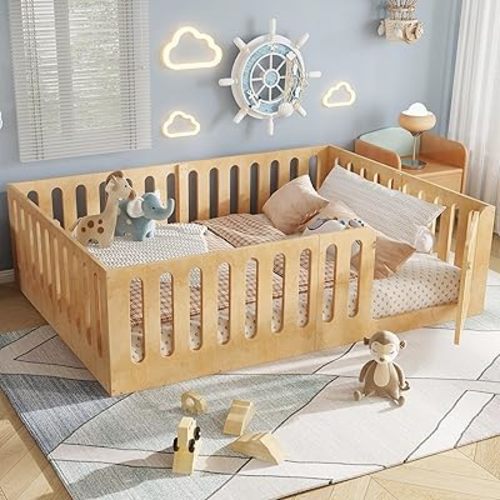 Bellemave Queen Size Kids Montessori Floor Bed,Queen Size Floor Bed Frame with High Fence and Door,Solid Wood Montessori Bed for Girls Boys,Natural