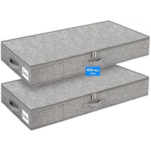 punemi 4 Inch Height Low Profile Under Bed Storage, Underbed Storage Containers With Sturdy Sidewalls & Bottom, Shallow Clothes Storage Bins, Slim Under Couch Sofa Dresser Storage, 2 Pack, Grey