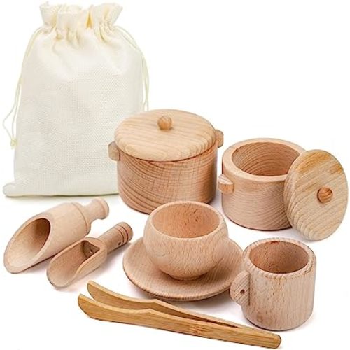 Hiceeden Set of 9 Wooden Sensory Bin Tools for Toddler and Kids, Sensory Scoops and Tongs Toys with Bag, Waldorf Montessori Toys for Fine Motor Skill Learning