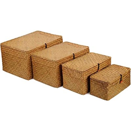 4 Pack, Wicker Baskets with Lids, Nautral Seagrass Storage Baskets, Woven Rectangular Basket Bins, Rattan Storage Organizer for Shelf