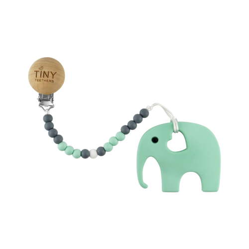 Tiny Teethers Teether + Clip Collection: Mint Elephant Teether with a Pacifier Clip
