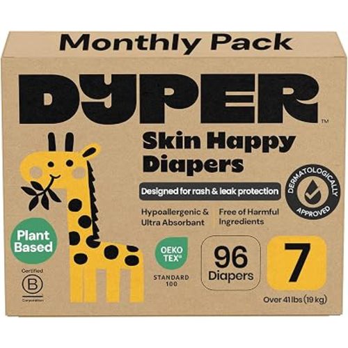 DYPER Monthly Pack Baby Diapers Size 7 (Over 41 lbs) 96 Count - Leak-Proof & Plant Based, Hypoallergenic and Ultra Absorbent Size 7 Diapers for Day and Overnight Skin Protection (Packaging May Vary)