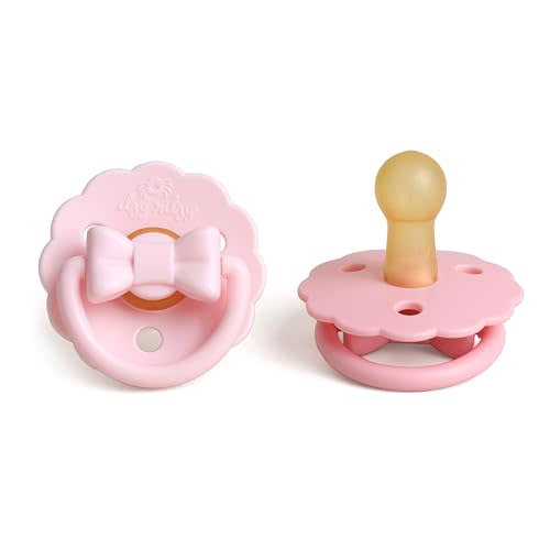 Itzy Ritzy Natural Rubber Pacifiers – Baby Pacifiers with Cherry-Shaped Nipple & Large Air Holes for Added Safety - Set of 2 Binkies in Light Pink & Dark Pink Bows (Ages 0 – 6 Months)