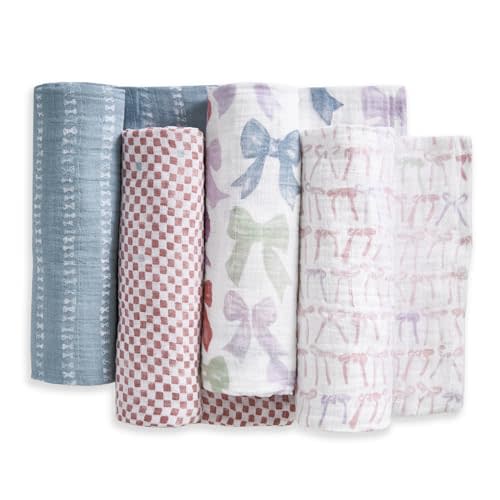 aden + anais 100% Organic Cotton Muslin Swaddles, Breathable Baby Blanket, Ideal for Boys, Girls, Newborns, Babies & Infants, Receiving Blanket, Soft and Lightweight Wrap, 4 Pack, Bow Atelier