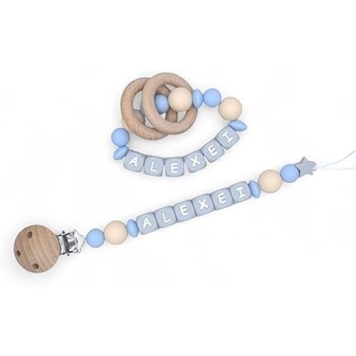 Personalized Baby Pacifier Clips, Rattle Rings & Keychains – Blue Styles | Stylish Baby Accessories, 3rd Party Tested for Safety