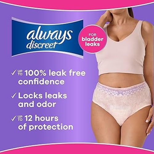 Always Discreet Adult Diapers for Women, Incontinence Underwear, Postpartum Essentials, Disposable Briefs, Max Absorbency, Bladder Leak Protection, Extra Large/XL, 15ct