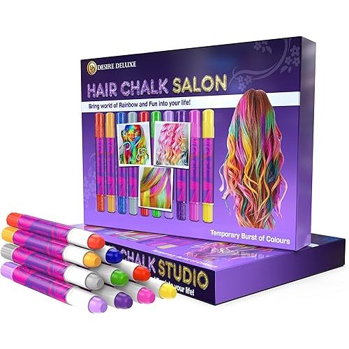 Desire Deluxe - Girls Gifts Hair Chalk 10 Temporary Non-Toxic Easy Washable Hair Dye Colourful Pens