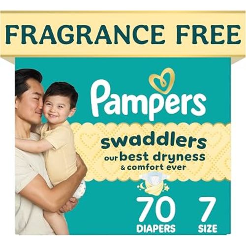 Pampers Swaddlers Diapers, Size 7 (26-50 lbs), 70 Count, Hypoallergenic, Absorbent, Keeps Baby Dry and Comfortable, Skin Safe Disposable Baby Diaper