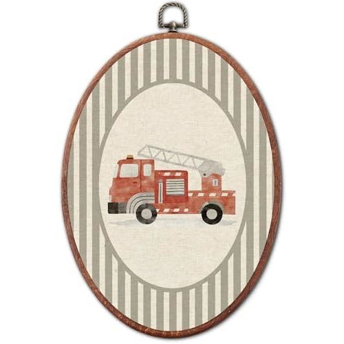Vintage Fire Truck Nursery Oval Wall Art Framed, Vehicles Framed Canvas