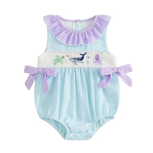 Newborn Baby Girl Outfits Marine Animal Ruffle Bow Sleeveless Smocked Romper Bodysuit Shirt Summer Clothes