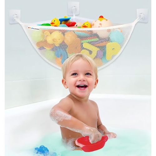Bath Toy Storage Organizer for Bathtub – Large Mesh Bath Toy Holder & Bath Toy Net, Corner Bathtub Toy Storage with 3 Strong Suction Cups, 3 Adhesive Hooks, Quick-Dry Toy Holder for Tub & Shower