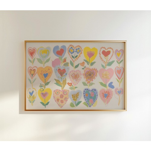 Vintage Floral Hearts Art Print in 24” x 16”