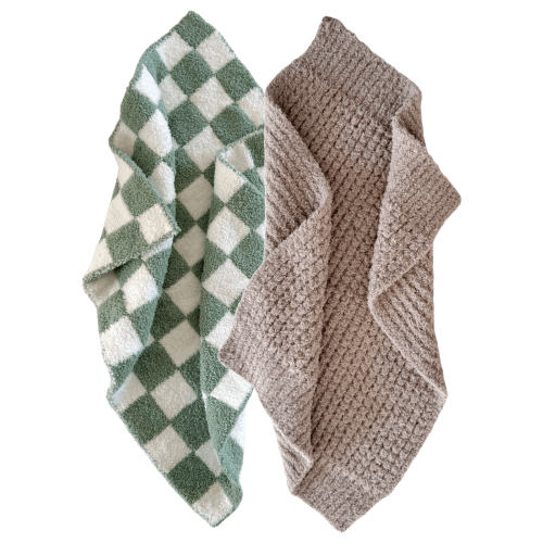 2-Pack Phufy® Bliss Mini Blanket, Sage Checkerboard/Desert Tan Waffle