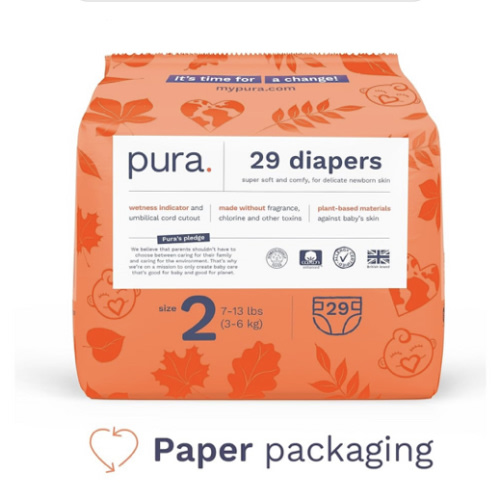 Pura Hypoallergenic Diapers, Size 2 (7-13 lbs) Totally Chlorine Free, Wetness Indicator, Suitable for Sensitive Skin, Soft Organic Cotton, Overnight, 3 Packs of 29 (87 Baby Diapers)