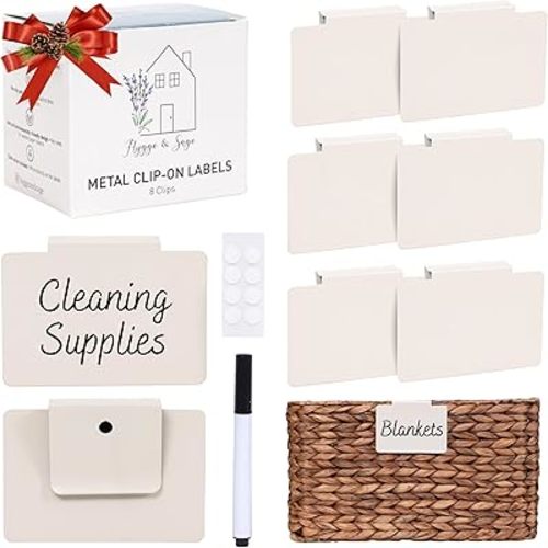 Hygge & Sage: Metal Non-Slip Basket Labels Clip On for Storage Bins, or Wire Racks | Includes 8 Labels, 8 Non-Slip Pads, and 1 Free Marker (Cream)