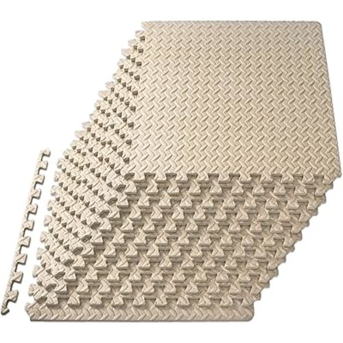 ProsourceFit Exercise Puzzle Mat ½-inch, EVA Interlocking Foam Floor Tiles for Home Gym, Workout Equipment, Kids Play Areas, Beige, 48 Sq Ft - 12 Tiles