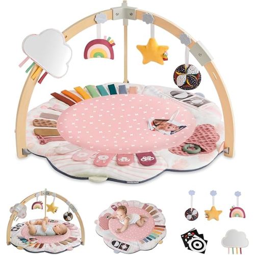 Blissful Diary Baby Play Gym & Activity Mat, 5 Developmental Zones Wooden Tummy Time Mat with 5 Detachable Sensory Toys for Motor Skills & Sensory Development, Baby Essentials Shower Gift, Pink Flower