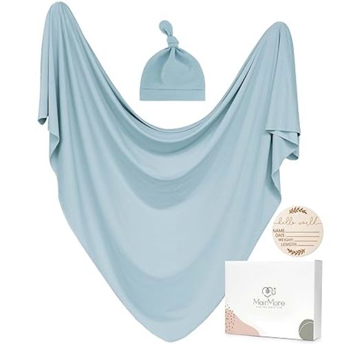 Swaddle Receiving Blankets with Matching Beanie Set (Blue)