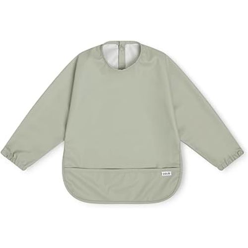 Lalo Long Sleeve Baby Bib, Waterproof, Elastic Cuffs, Large Catch-All Pocket, Recycled Polyester, Ages 6-24 Mo., Sage