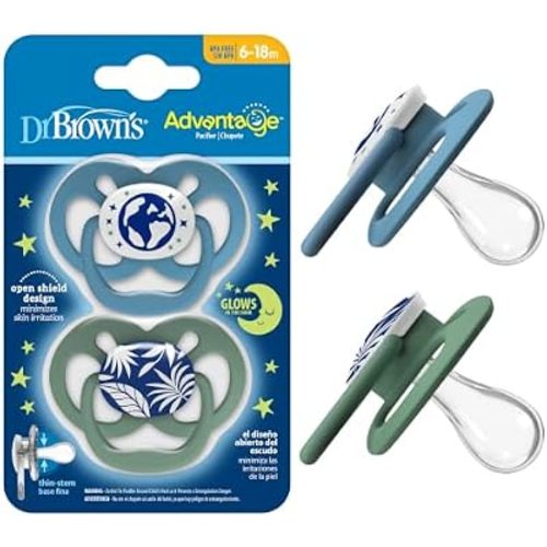 Dr. Brown's Advantage Glow-in-the-Dark Baby Pacifier, Fully Symmetrical Soother with Soft Silicone Bulb, Blue Nature, 6-18m, BPA Free, 2 Pack