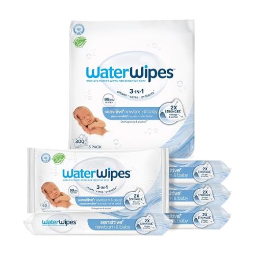 WaterWipes Sensitive+ Newborn & Baby Wipes, 3-In-1 Cleans, Cares, Protects, 99.9% Water, Unscented & Hypoallergenic, 720 Count (12 Packs)