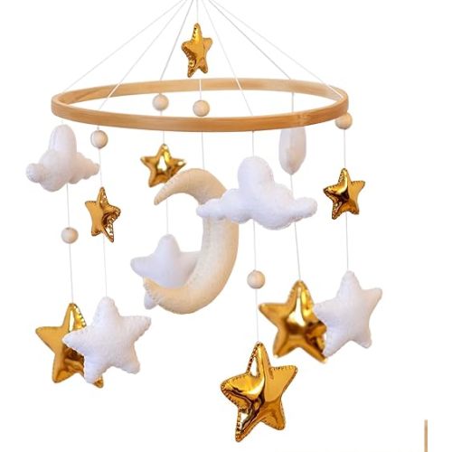 Moon with Clouds and Stars Baby Mobile for Crib - Moon with Cloud and Star Nursery Decor - Gender Neutral Baby Gift