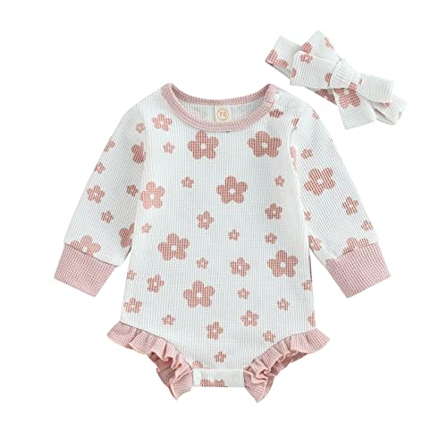 MERSARIPHY Infant Baby Girl Romper Baby Sweatshirt Romper Long Sleeve Waffle Floral Bodysuit with Headband Fall Winter Outfit