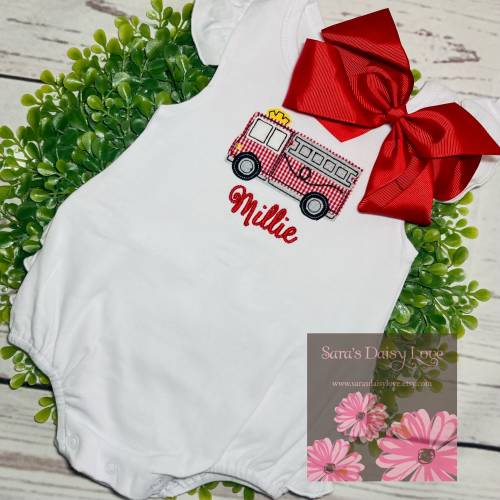 Gingham Firetruck Ruffle Bum Bubble, Personalized Infant Toddler Romper