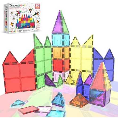 PicassoTiles 60 Piece Set 60pcs Magnet Building Tiles Clear Magnetic 3D Blocks Construction Playboards - Creativity Beyond Imagination, Inspirational, Recreational, Educational, Conventional