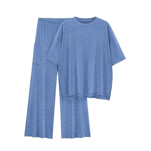 KIRUNDO Womens 2 Piece Outfits 2025 Summer Casual Loose Short Sleeve Pullover Tops & Wide Leg Pants Lounge Sets Tracksuit