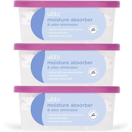 Ubbi Moisture Absorber and Odor Eliminator Tub, Attracts and Traps Excess Moisture, Reduce Dampness, Lavender Scented, 3 Pack