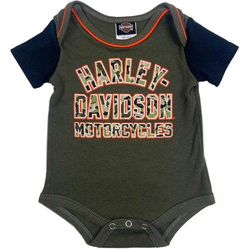 Harley-Davidson Baby Boys' Camo Print Raglan Short Sleeve Creeper, Green/Black
