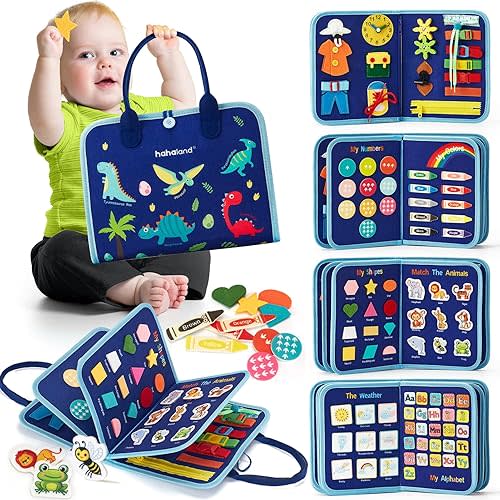 hahaland Busy Board for Toddlers - Montessori Toys Preschool Learning Activities with Life Skills, Alphabet, Number, Shape, Color, Animal, Weather - Toddler Boy Learning Educational Toys, Travel Toys