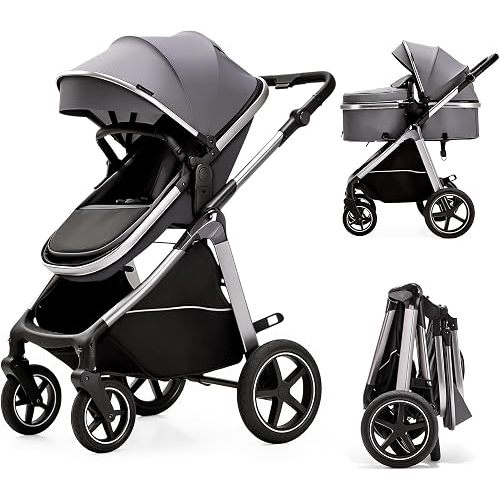 2-in-1 Convertible Baby Stroller, Newborn to Toddler 0-36M, Reversible Fully Reclining Seat, One-Hand Fold, All-Wheel Spring Suspension, 5-Point Safety Harness, Gray