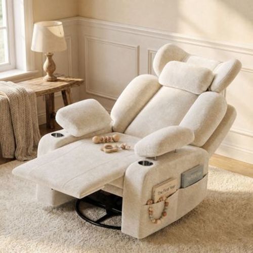 TYBOATLE Chenille Recliner Chair, Beige , for Living Room, Nursery & Nursing, Plush Upholstered Recliner with Adjustable Headrest & Armrests
