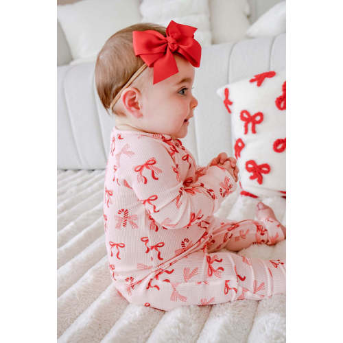 Christmas Bamboo Waffle Convertible Zipper Romper in Peppermint Bows | Caden Lane