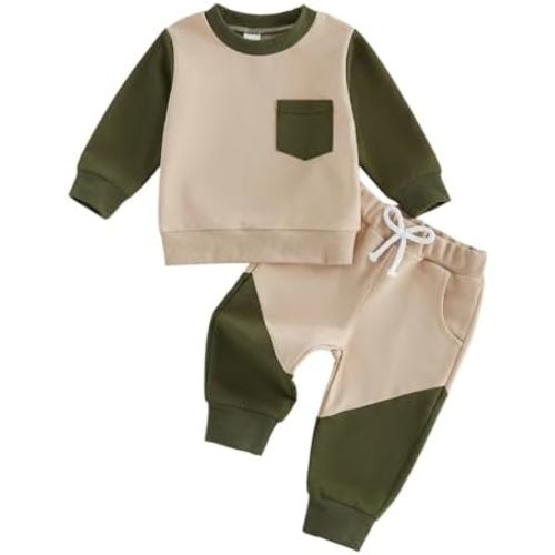 Kupretty Toddler Baby Boy Fall Winter Clothes Color Block Long Sleeve Sweatshirt Pullover Tops + Joggers Pants Outfit Set