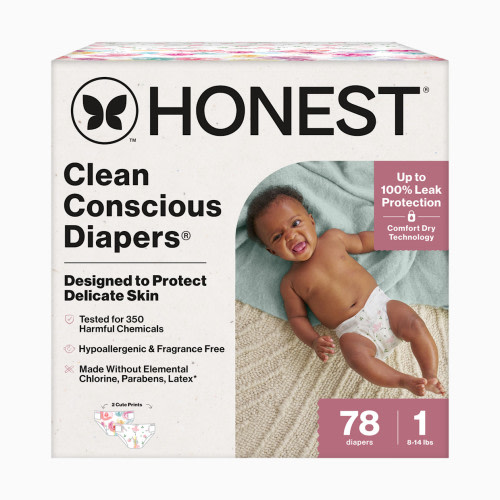 The Honest Company Clean Conscious Disposable Diapers Newborn-Size 2 - Rose Blossom + Tutu Cute, Size 1, 78 Count