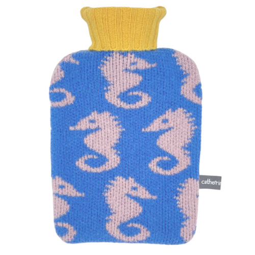 Mini Lambswool Kids Hot Water Bottle Set - Blue Seahorses