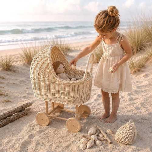 Natural wicker baby carriage with wheels, Wicker baby stroller, Baby doll stroller, Wicker doll pram, Wicker toy basket, Wicker toddler gift